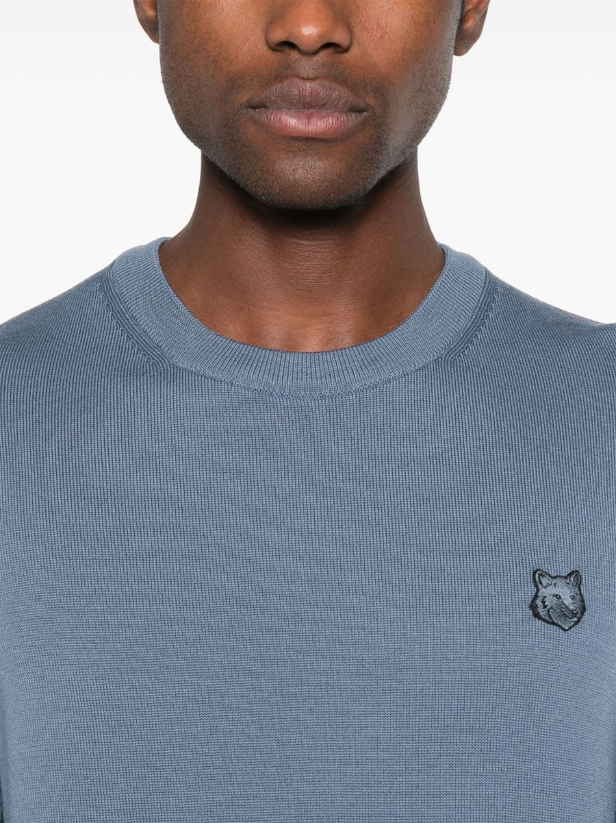 Maison Kitsuné Bold Fox Head Applique Sweater For Men Teal Blue Cotton Knit Layerable Luxury
