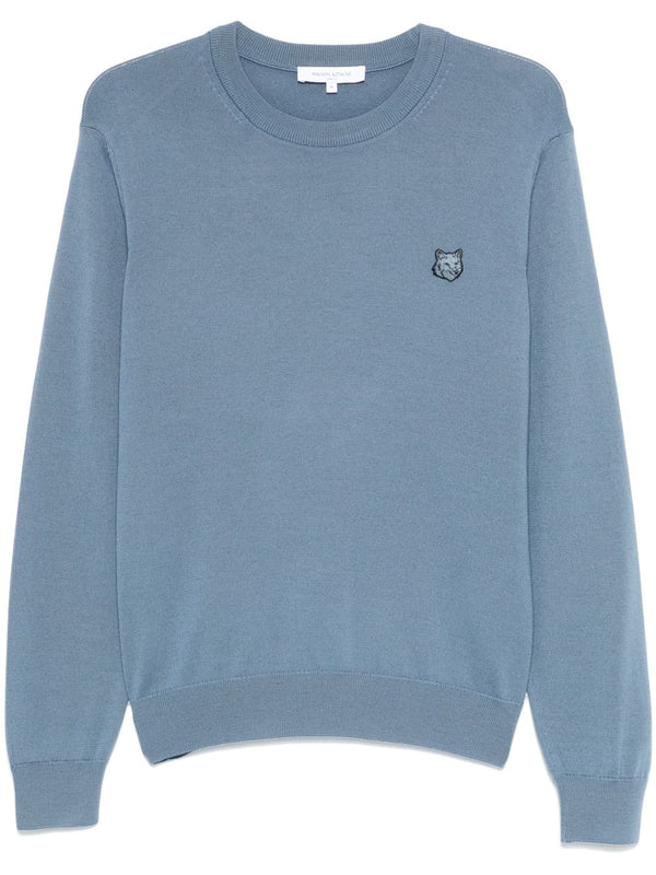 Maison Kitsuné Bold Fox Head Applique Sweater For Men Teal Blue Cotton Knit Layerable Luxury