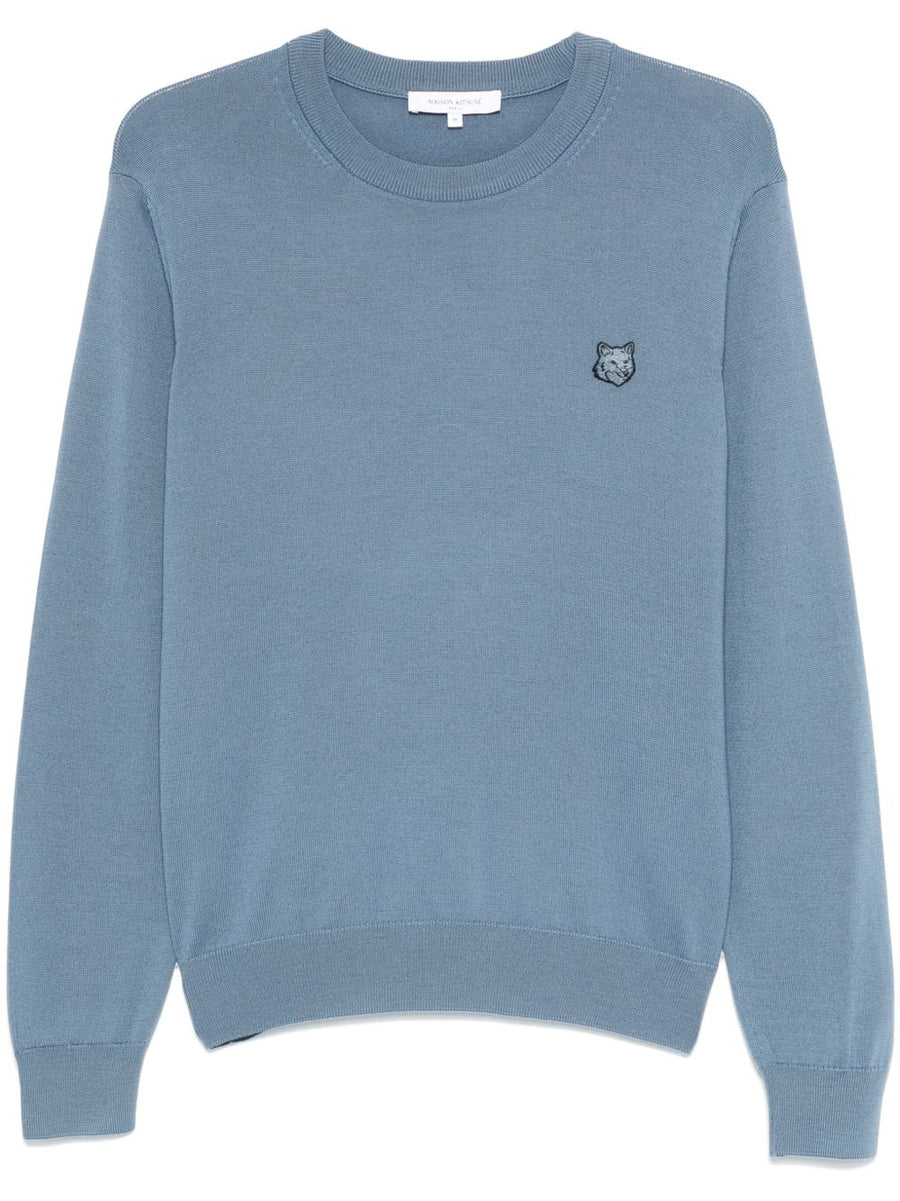 Maison Kitsuné Bold Fox Head Applique Sweater For Men Teal Blue Cotton Knit Layerable Luxury
