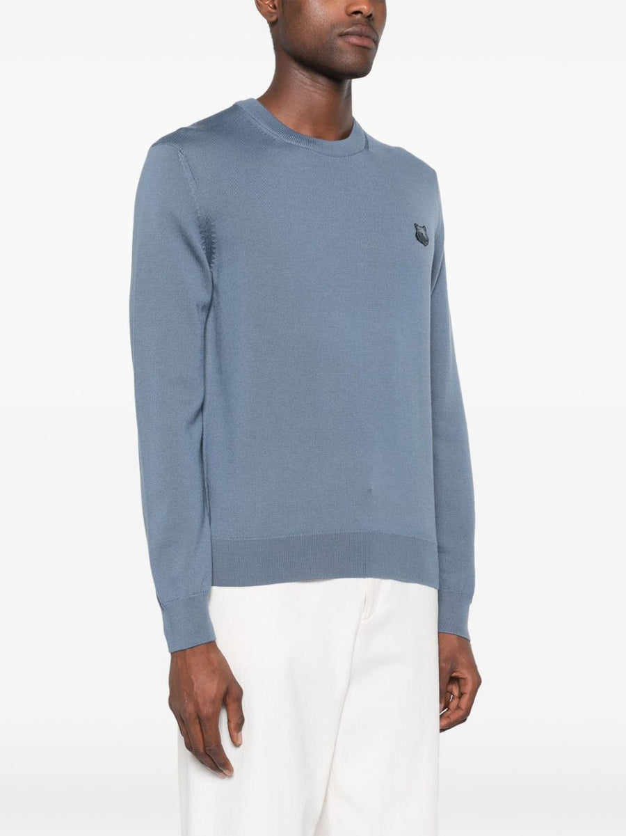 Maison Kitsuné Bold Fox Head Applique Sweater For Men Teal Blue Cotton Knit Layerable Luxury