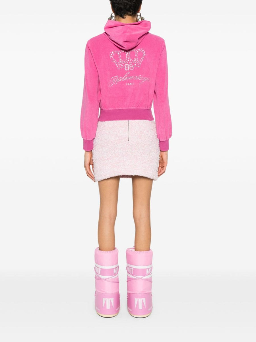 Balenciaga Rhinestone Logo Zip Hoodie For Women Bright Fuchsia Pink Cotton Blend