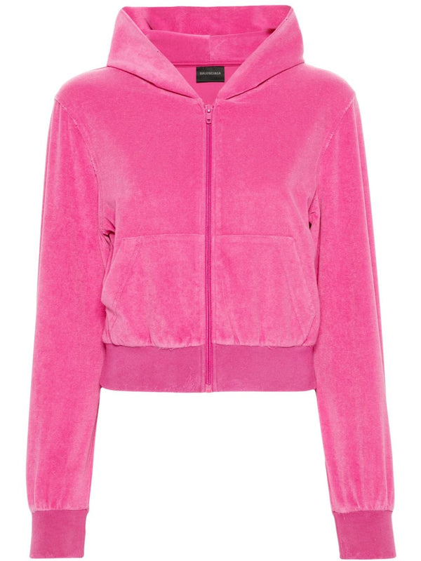 Balenciaga Rhinestone Logo Zip Hoodie For Women Bright Fuchsia Pink Cotton Blend