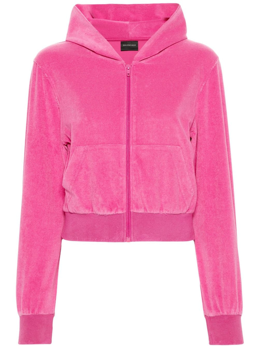 Balenciaga Rhinestone Logo Zip Hoodie For Women Bright Fuchsia Pink Cotton Blend