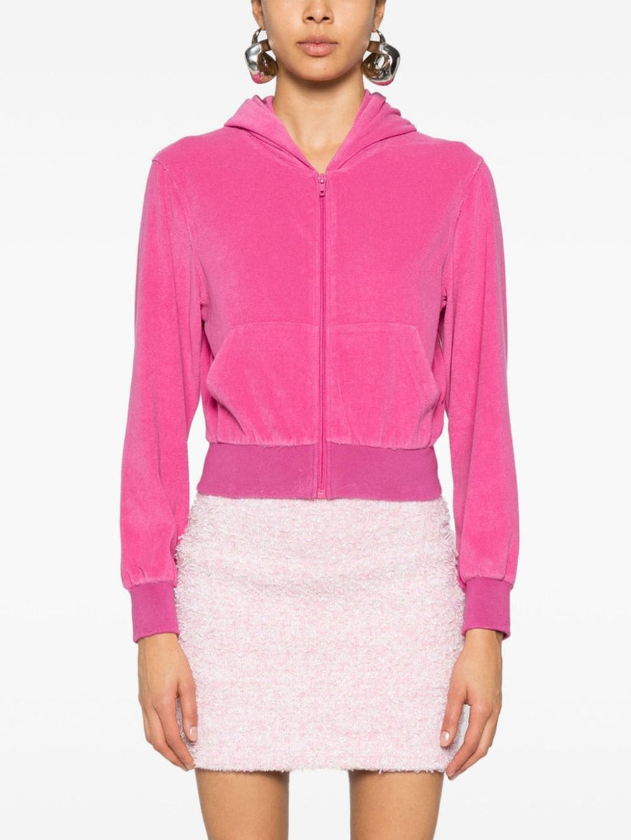 Balenciaga Rhinestone Logo Zip Hoodie For Women Bright Fuchsia Pink Cotton Blend