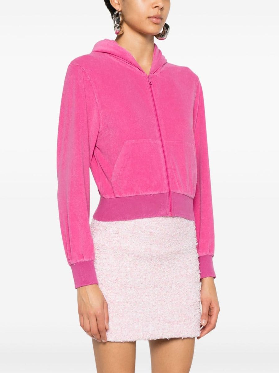 Balenciaga Rhinestone Logo Zip Hoodie For Women Bright Fuchsia Pink Cotton Blend