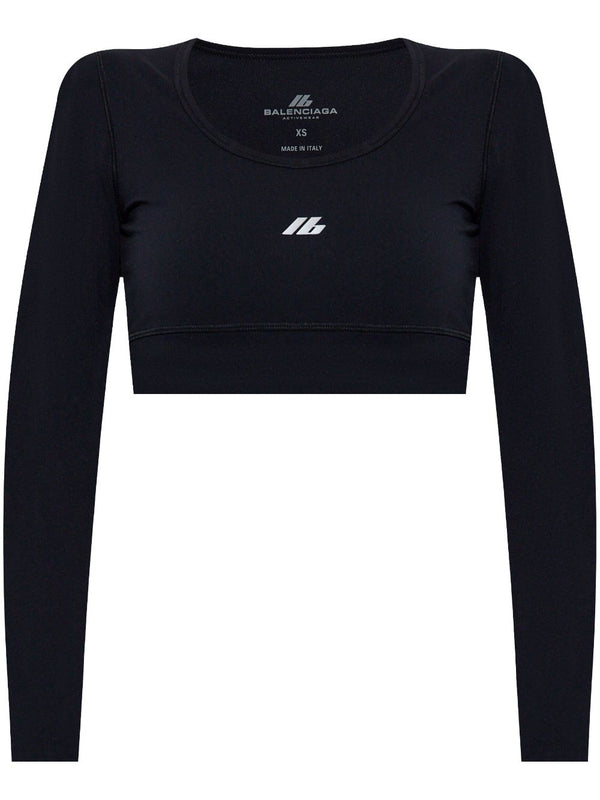 Balenciaga Reflective Logo Crop Top For Women Black High Stretch Polyamide Elastane Sculpted Urban Topwear