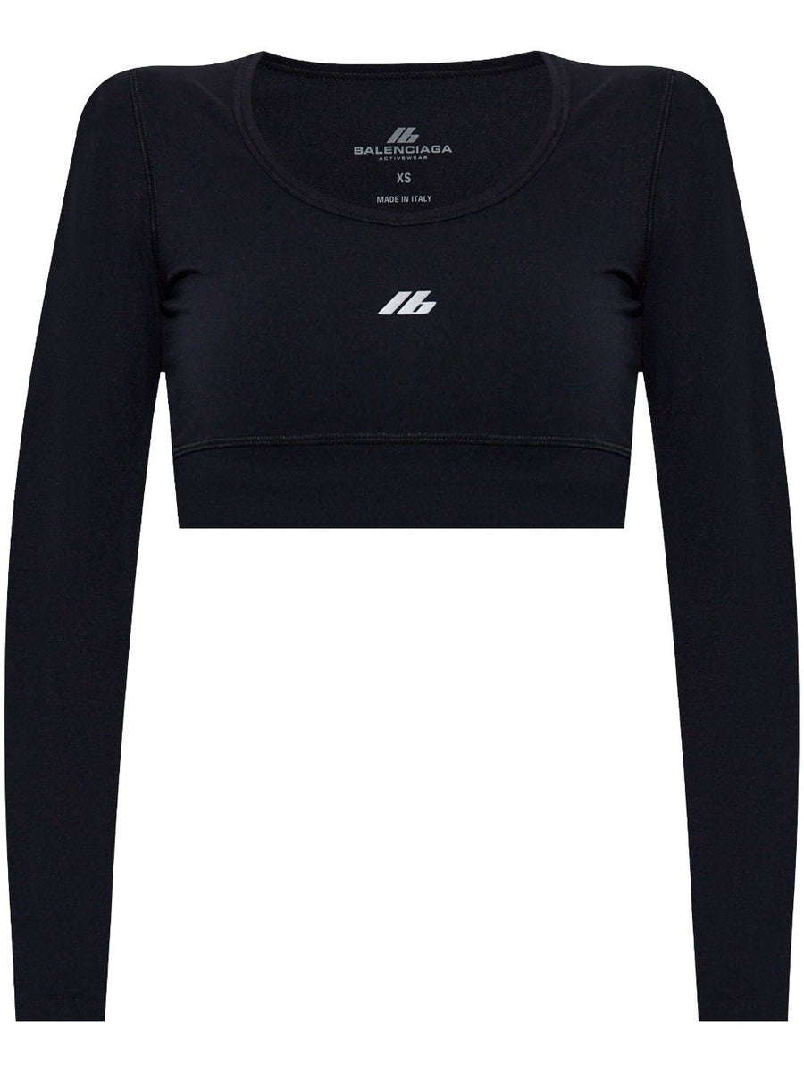 Balenciaga Reflective Logo Crop Top For Women Black High Stretch Polyamide Elastane Sculpted Urban Topwear