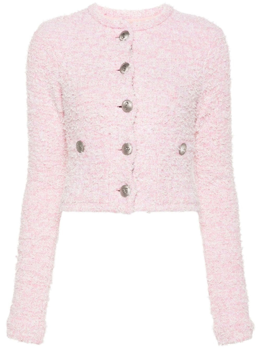 Balenciaga Cropped Jacket Boucle Tweed In Blush Pink For Women, Versatile Front Button Topwear For Everyday Chic