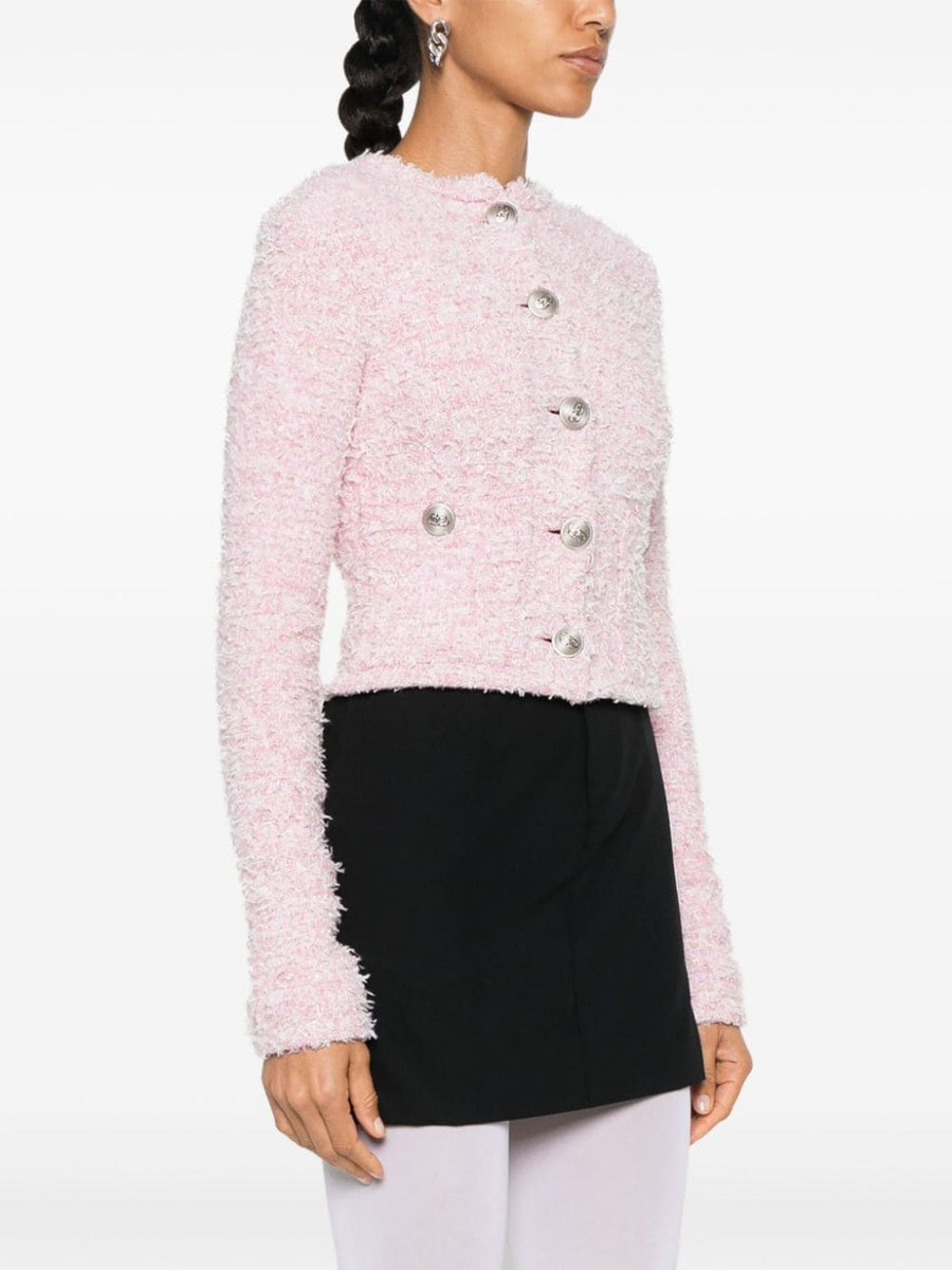 Balenciaga Cropped Jacket Boucle Tweed In Blush Pink For Women, Versatile Front Button Topwear For Everyday Chic