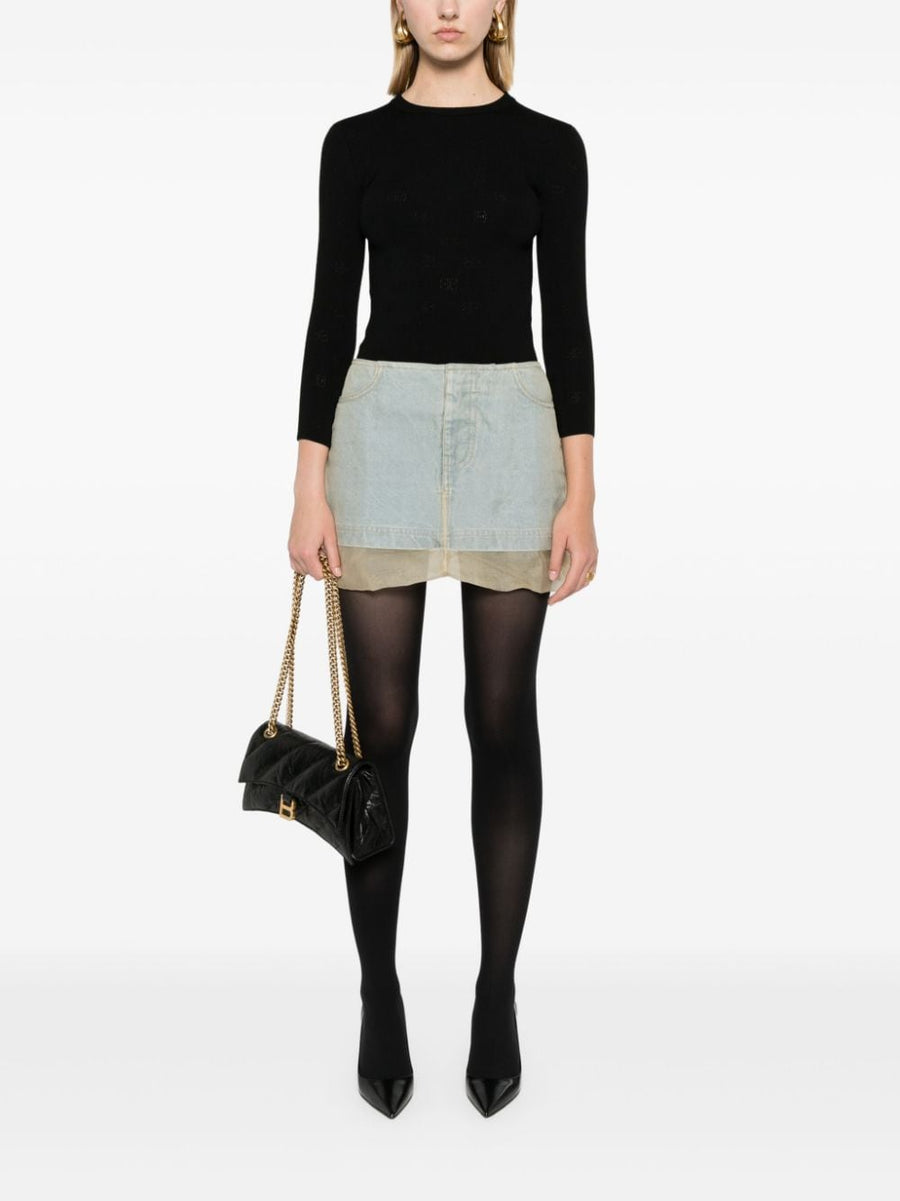 Balenciaga BB Pattern Open Knit Jumper For Women Black Wool Blend Cropped Knit Top