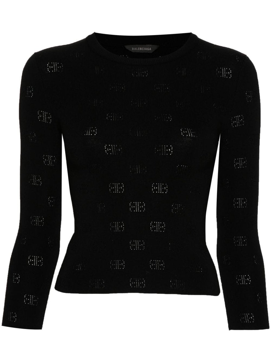 Balenciaga BB Pattern Open Knit Jumper For Women Black Wool Blend Cropped Knit Top
