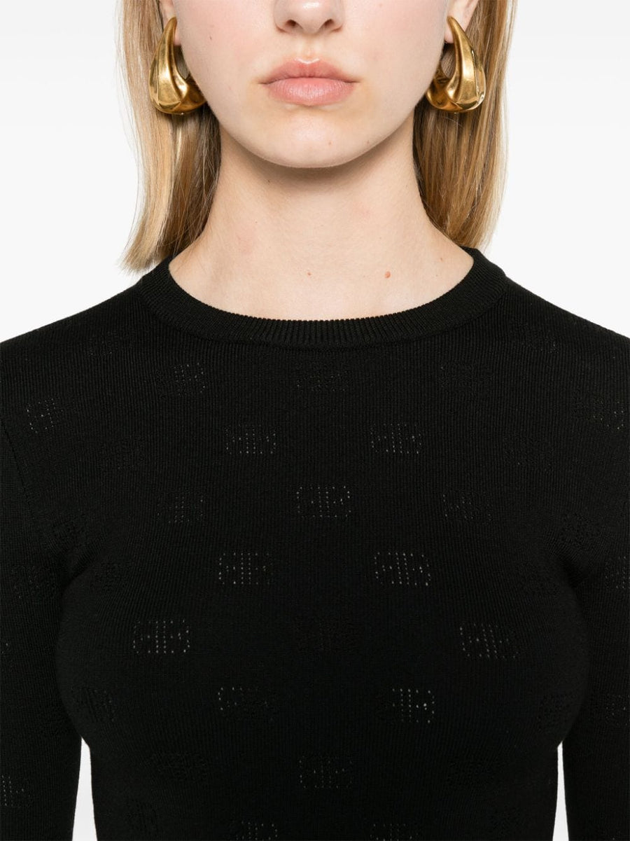 Balenciaga BB Pattern Open Knit Jumper For Women Black Wool Blend Cropped Knit Top