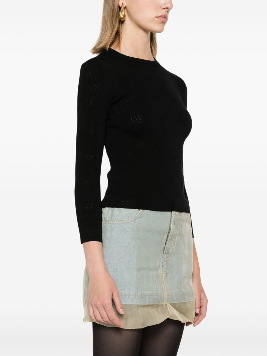 Balenciaga BB Pattern Open Knit Jumper For Women Black Wool Blend Cropped Knit Top