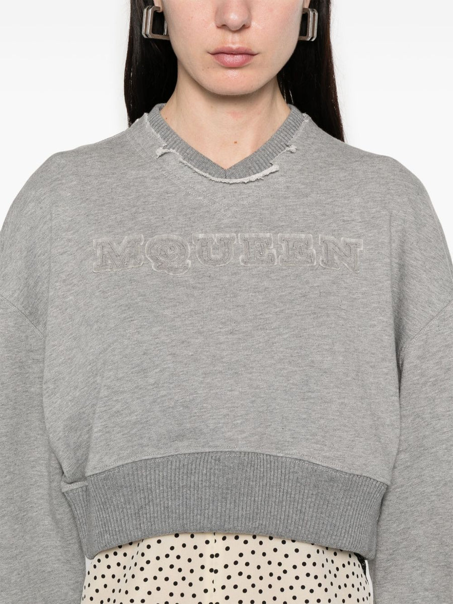 Alexander McQueen Timberwolf Grey Cropped Logo Sweatshirt For Women With Luxurious Vneck And Drop Shoulders