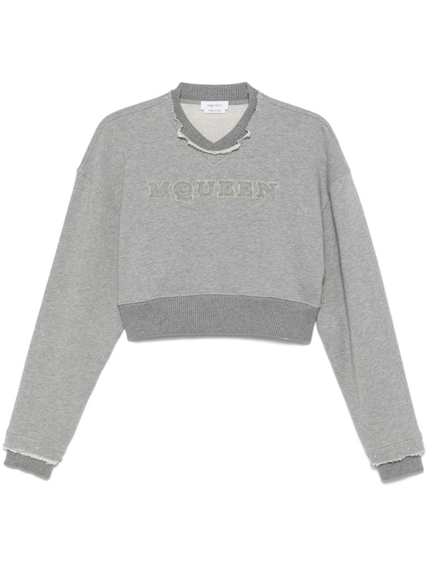 Alexander McQueen Timberwolf Grey Cropped Logo Sweatshirt For Women With Luxurious Vneck And Drop Shoulders