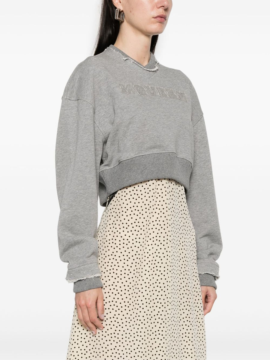 Alexander McQueen Timberwolf Grey Cropped Logo Sweatshirt For Women With Luxurious Vneck And Drop Shoulders