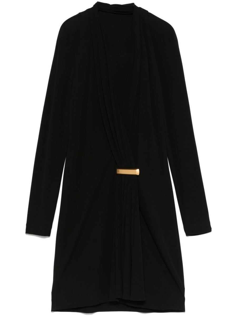 Tom Ford Black Draped Mini Dress With V Neck Long Sleeves And Luxe Logo Hardware For Women