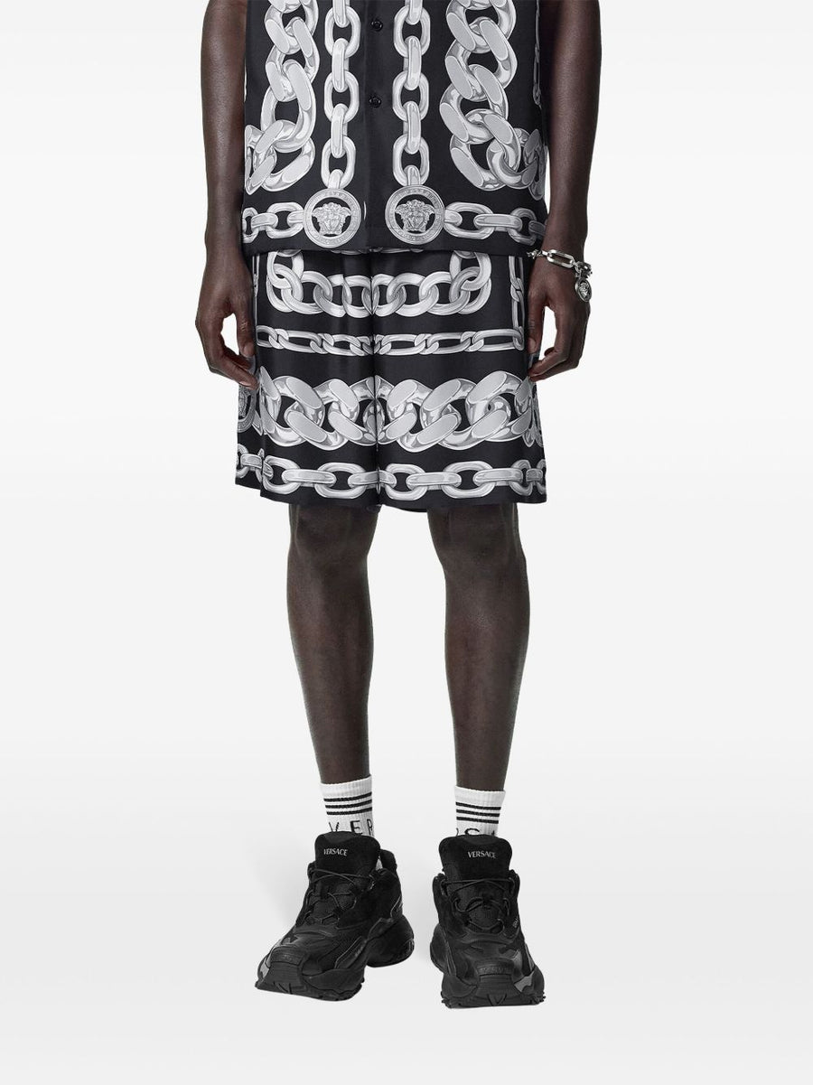 Versace Silk Shorts For Men With Bold Medusa Chains Graphic Print Knee Length Premium