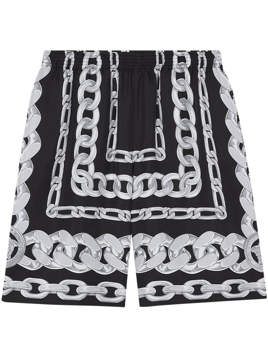 Versace Silk Shorts For Men With Bold Medusa Chains Graphic Print Knee Length Premium