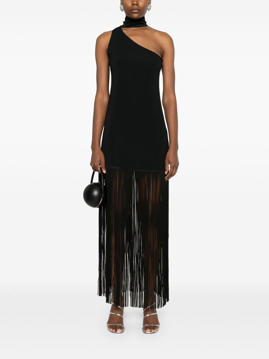 Taller Marmo Pre Atlanta Dress Luxurious Black Cady With Asymmetric Neckline Fringe And Concealed Zip For Women