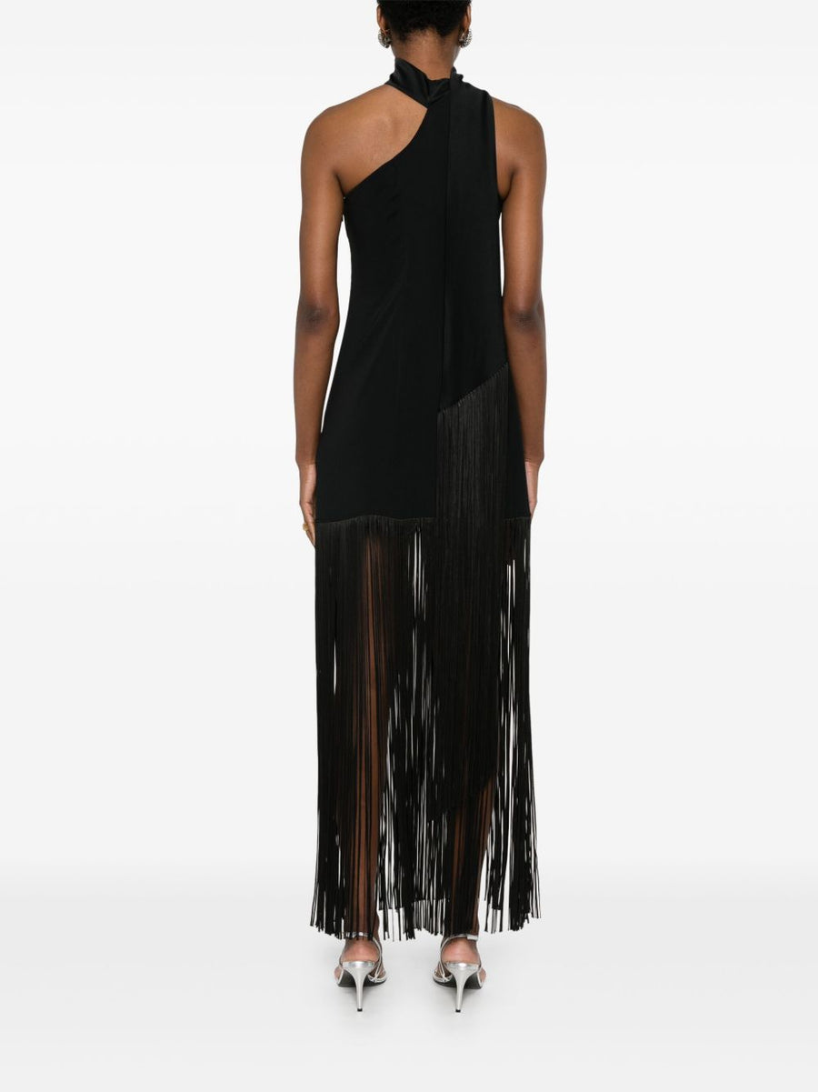 Taller Marmo Pre Atlanta Dress Luxurious Black Cady With Asymmetric Neckline Fringe And Concealed Zip For Women
