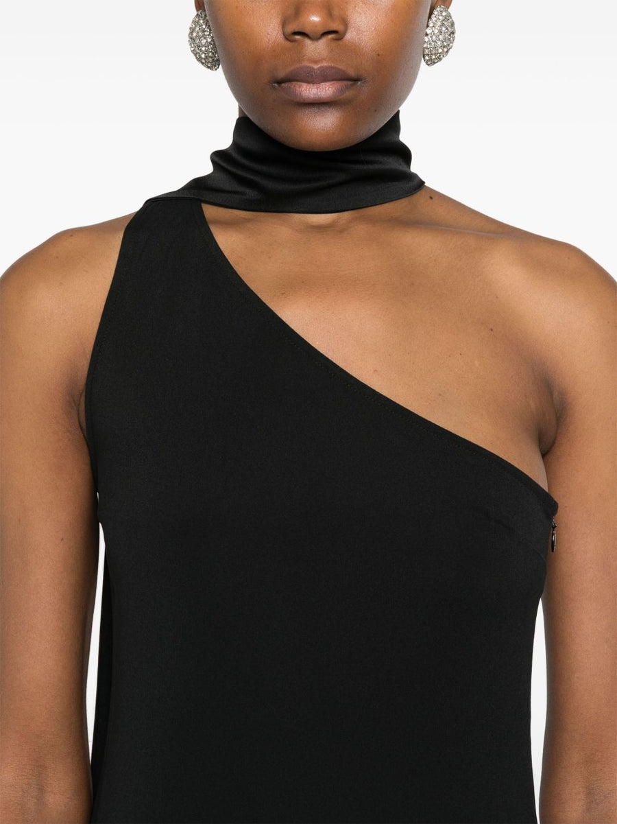 Taller Marmo Pre Atlanta Dress Luxurious Black Cady With Asymmetric Neckline Fringe And Concealed Zip For Women