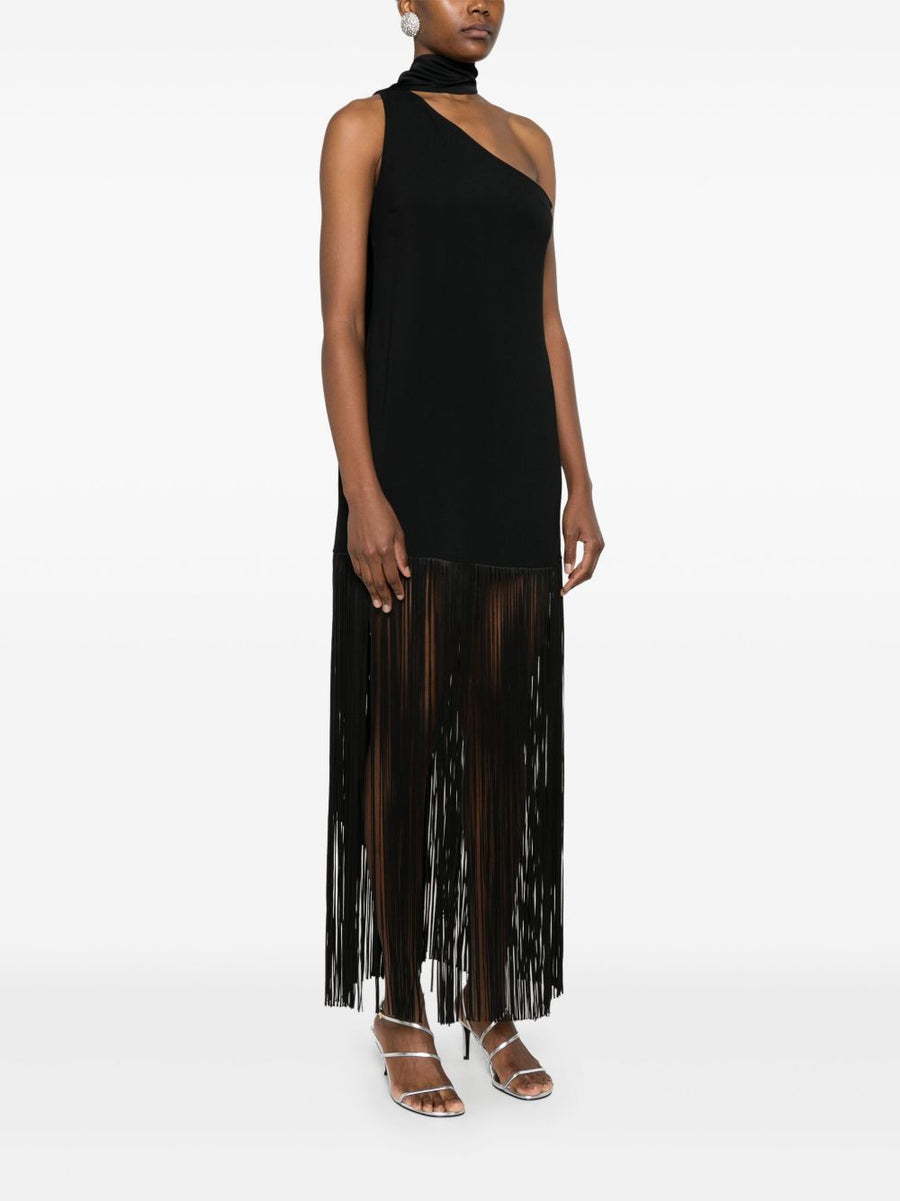 Taller Marmo Pre Atlanta Dress Luxurious Black Cady With Asymmetric Neckline Fringe And Concealed Zip For Women