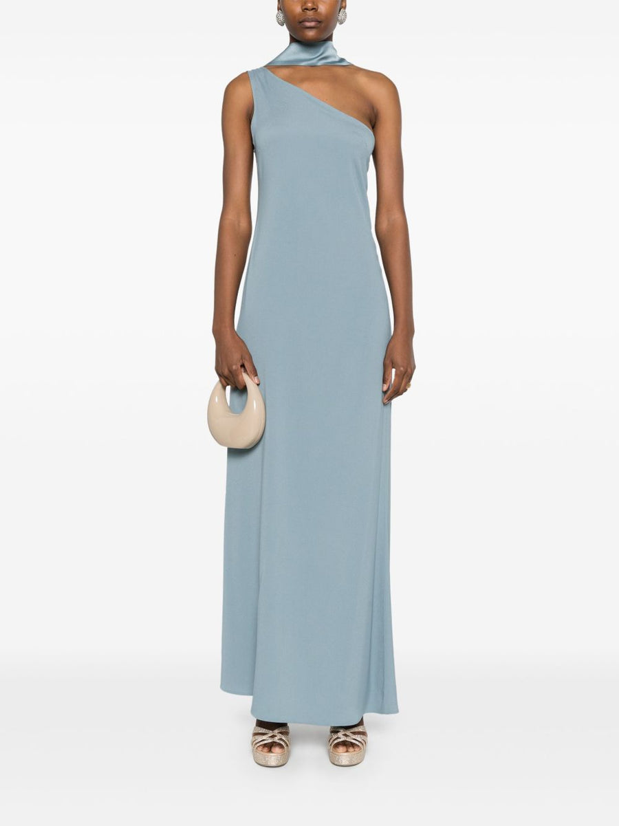 Taller Marmo Long Dress With Asymmetric Neckline One Shoulder Strap In Light Blue Crepe Runway Ready For Elegant Women
