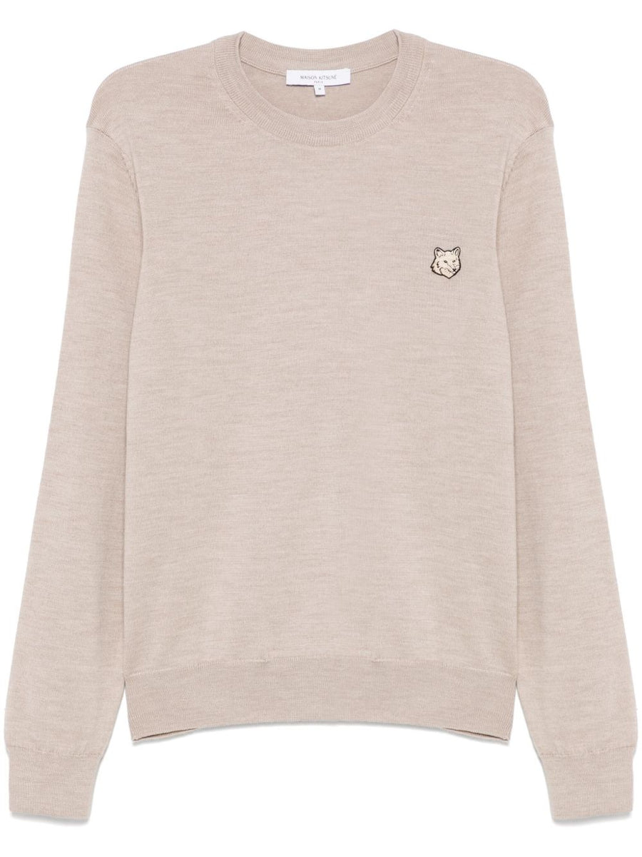 Maison Kitsuné Fox Motif Wool Sweater For Men 100 Percent Wool Dove Grey Crew Neck Versatile Luxury