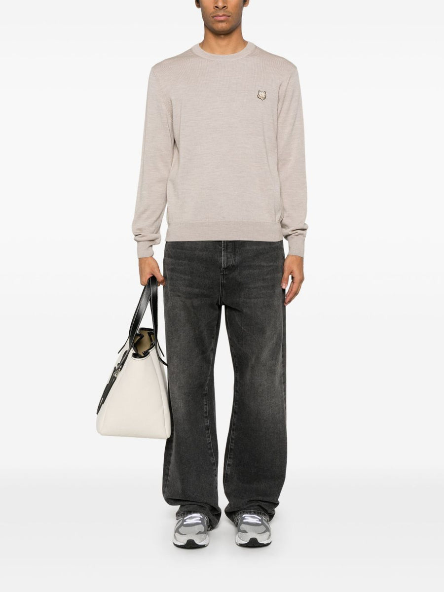 Maison Kitsuné Fox Motif Wool Sweater For Men 100 Percent Wool Dove Grey Crew Neck Versatile Luxury