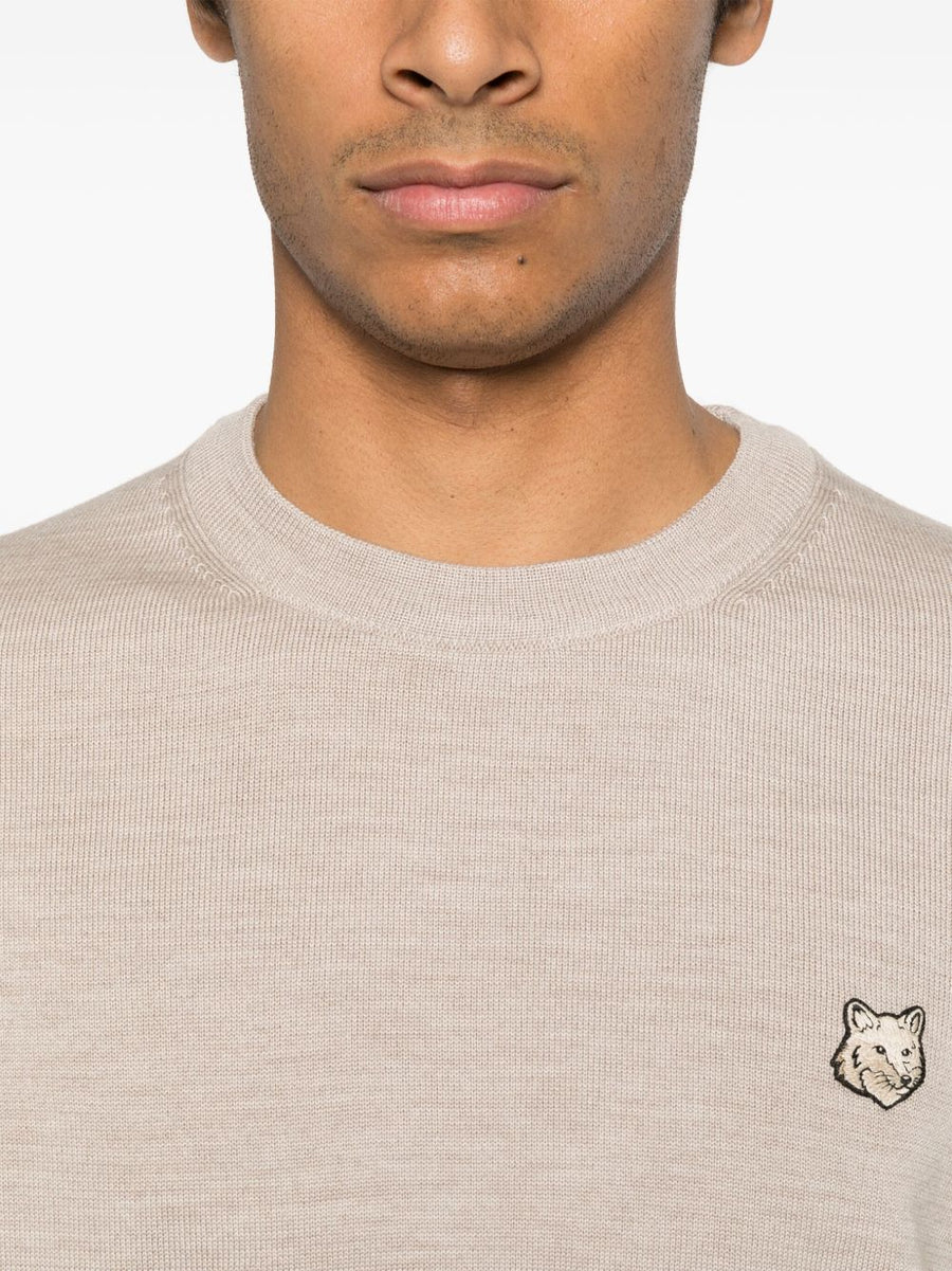 Maison Kitsuné Fox Motif Wool Sweater For Men 100 Percent Wool Dove Grey Crew Neck Versatile Luxury