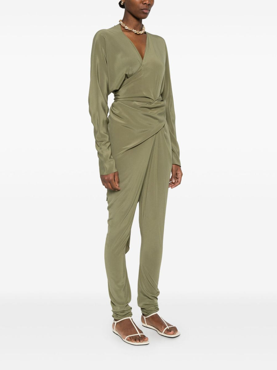 Cortana Serp Silk Jumpsuit Olive Green Draped Silhouette Versatile Tie Waist For Women