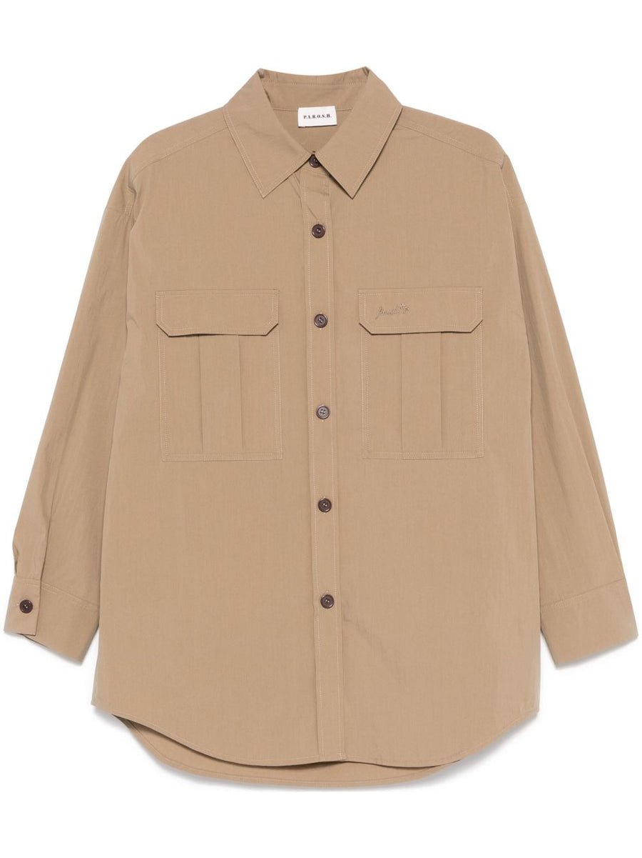 Parosh Logo Embroidered Shirt For Women Khaki Nylon Cotton Blend Front Button Two Chest Pockets