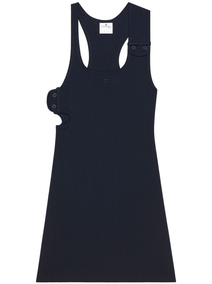 Courrèges 90s Mini Dress For Women Navy Blue Button Front Cutout Racerback Retro