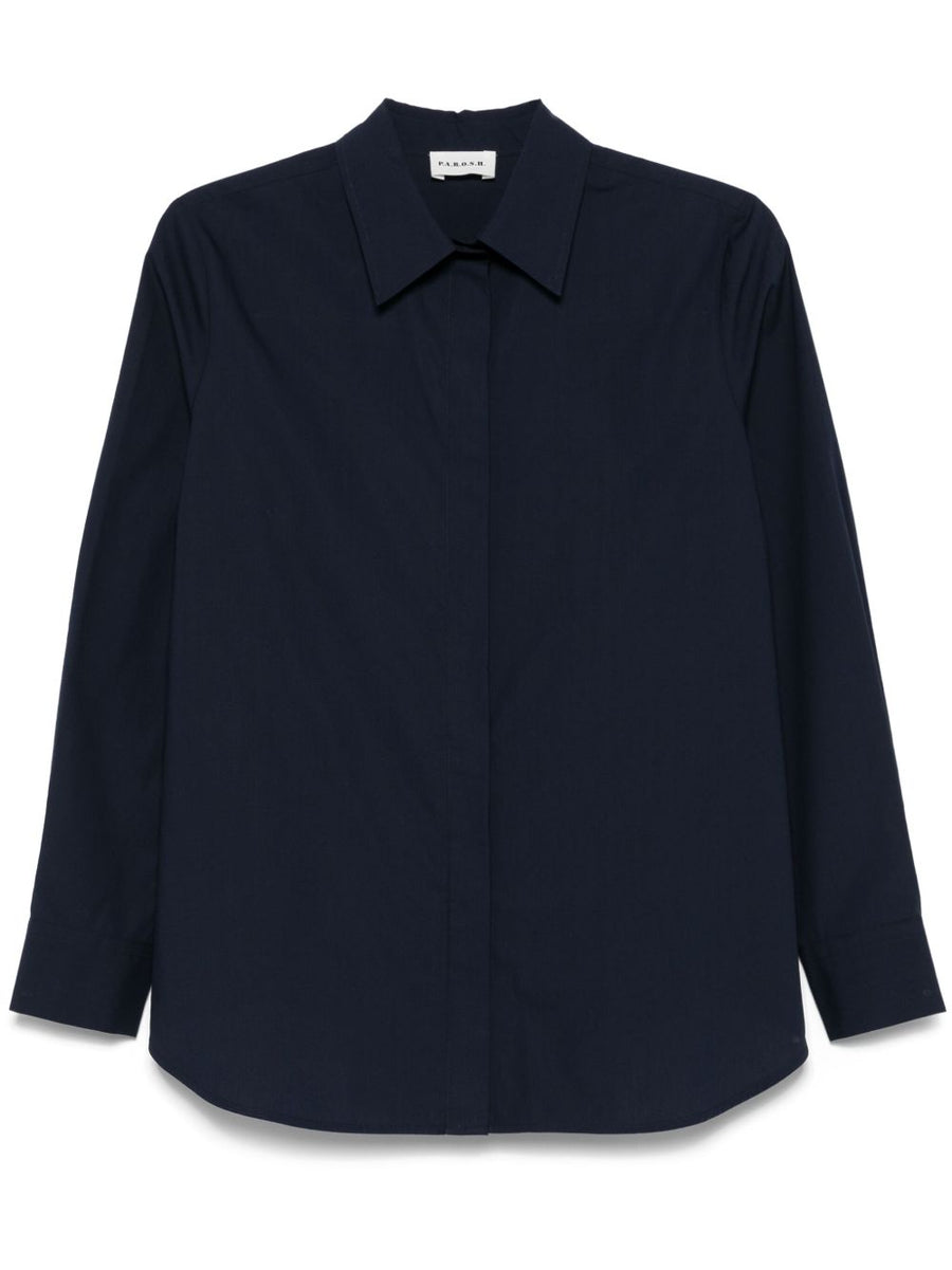 Parosh Navy Cotton Shirt With Hidden Placket And Buttoned Cuffs For Men Timeless Office Wear