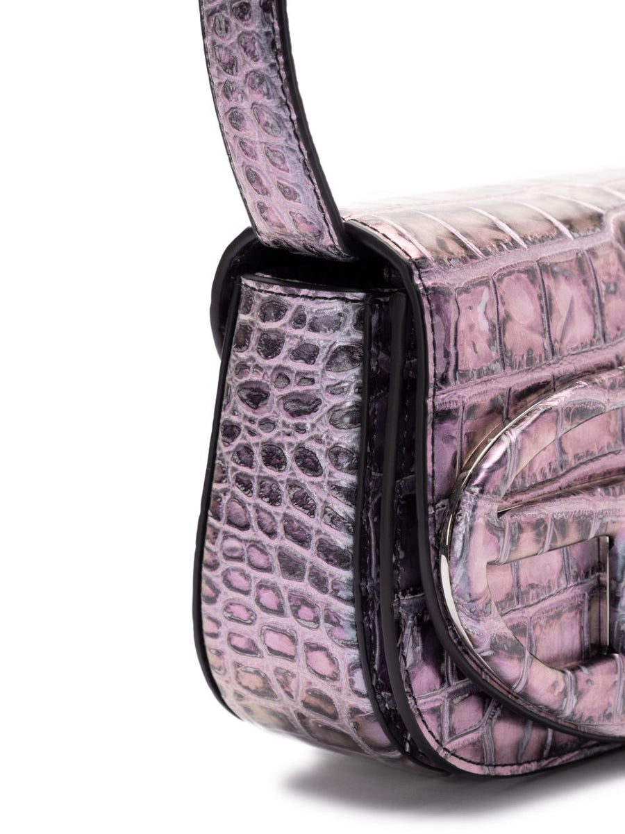 Diesel 1DR Tote Bag For Women Compact Grey Crocodile Embossed PU With Detachable Strap For Everyday Use
