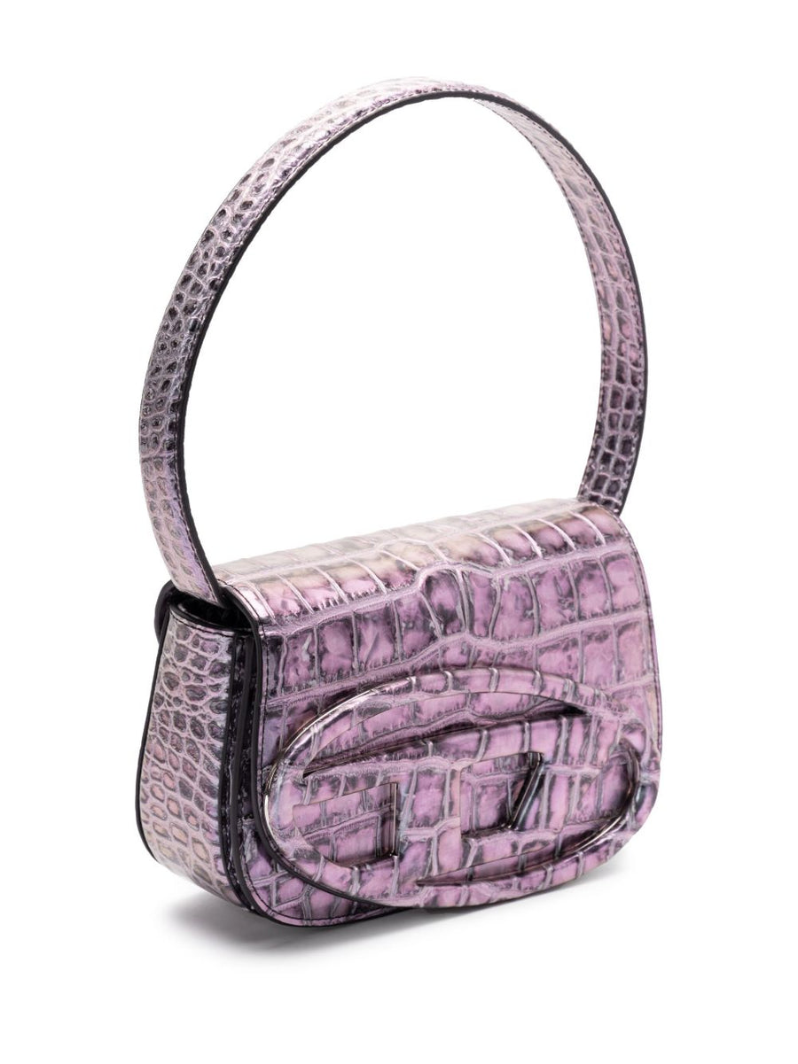Diesel 1DR Tote Bag For Women Compact Grey Crocodile Embossed PU With Detachable Strap For Everyday Use