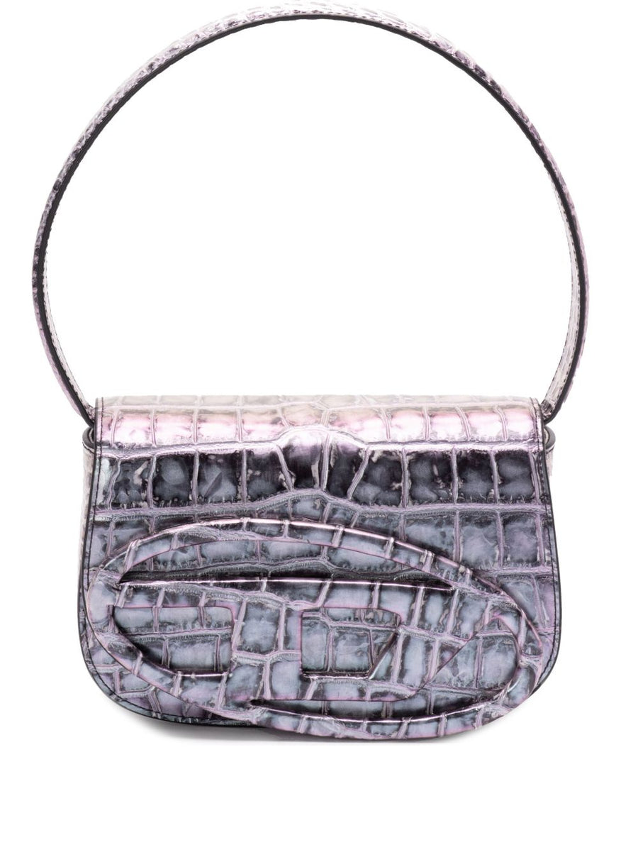 Diesel 1DR Tote Bag For Women Compact Grey Crocodile Embossed PU With Detachable Strap For Everyday Use