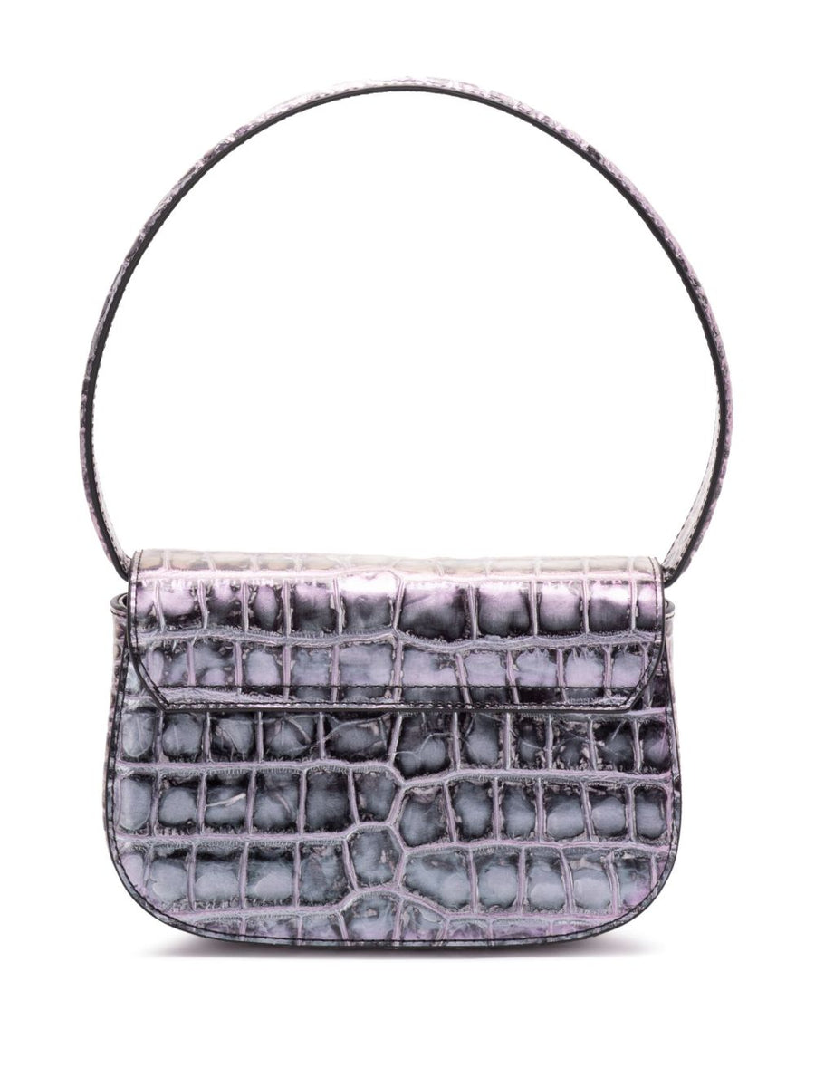 Diesel 1DR Tote Bag For Women Compact Grey Crocodile Embossed PU With Detachable Strap For Everyday Use