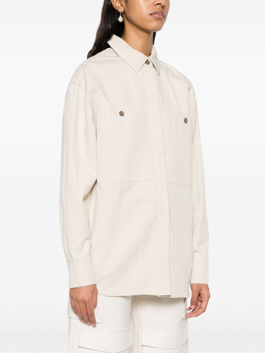 Iro Nolan Shirt For Women Beige Cotton Linen Blend With Concealed Front Button And Patch Pockets Timeless Luxury