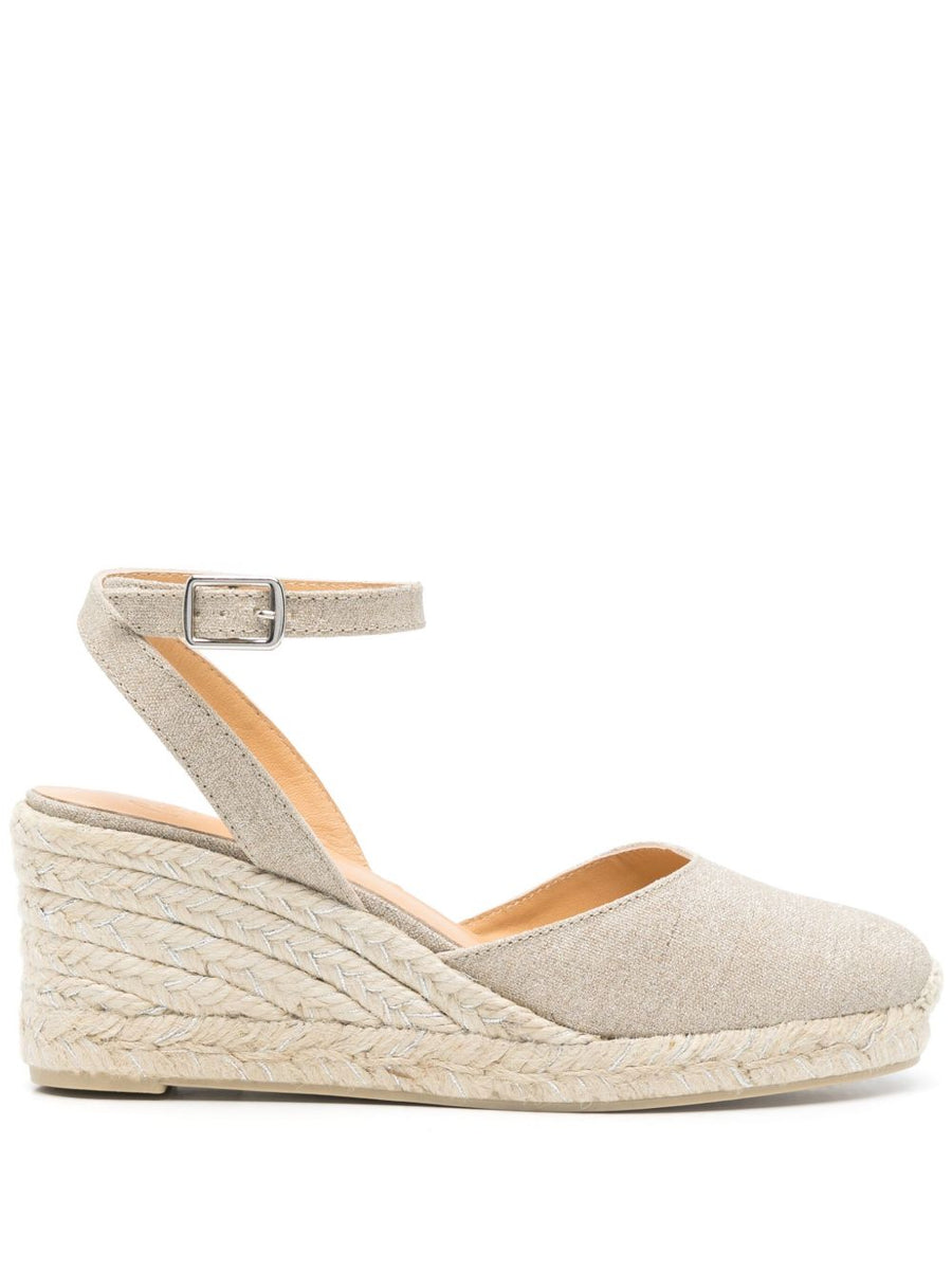 Castañer Cybil Wedge Espadrilles Luxurious Glitter Detailing Buckle Strap Raffia Sole For Women Beige Linen