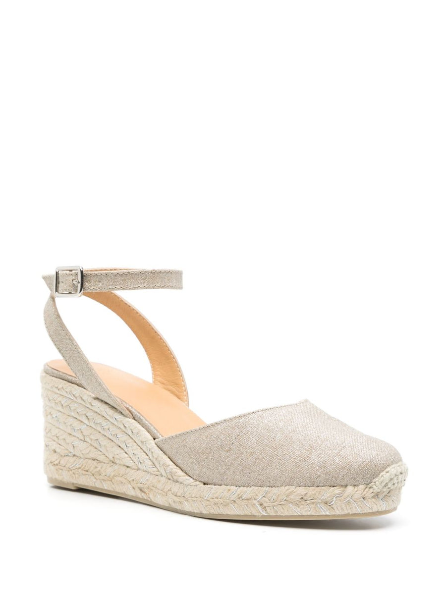 Castañer Cybil Wedge Espadrilles Luxurious Glitter Detailing Buckle Strap Raffia Sole For Women Beige Linen