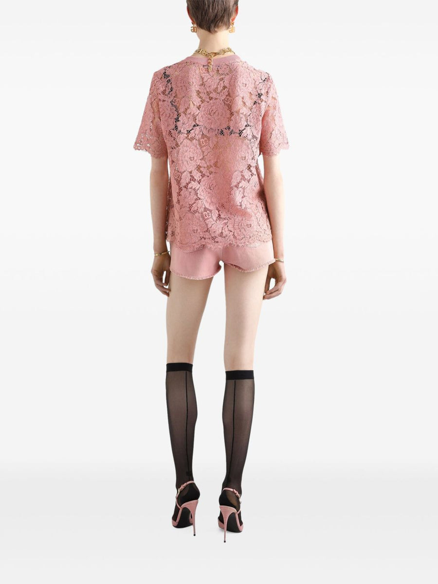 Dolce and Gabbana Corded Lace Short Sleeve Top Powder Pink for Women Luxury Craftsmanship and Timeless Elegance