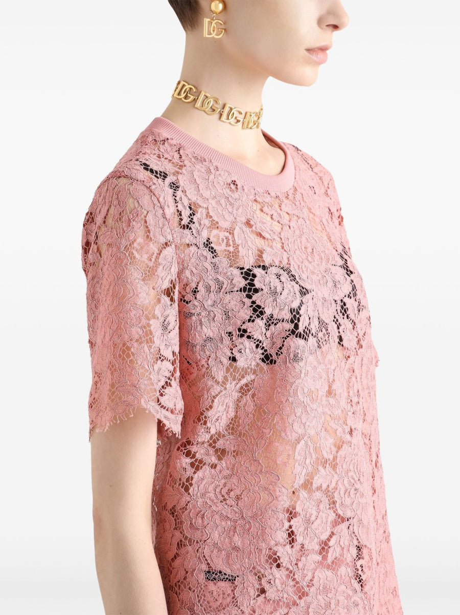 Dolce and Gabbana Corded Lace Short Sleeve Top Powder Pink for Women Luxury Craftsmanship and Timeless Elegance
