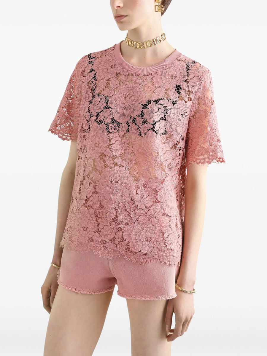 Dolce and Gabbana Corded Lace Short Sleeve Top Powder Pink for Women Luxury Craftsmanship and Timeless Elegance