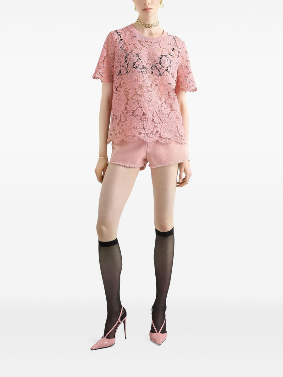 Dolce and Gabbana Corded Lace Short Sleeve Top Powder Pink for Women Luxury Craftsmanship and Timeless Elegance
