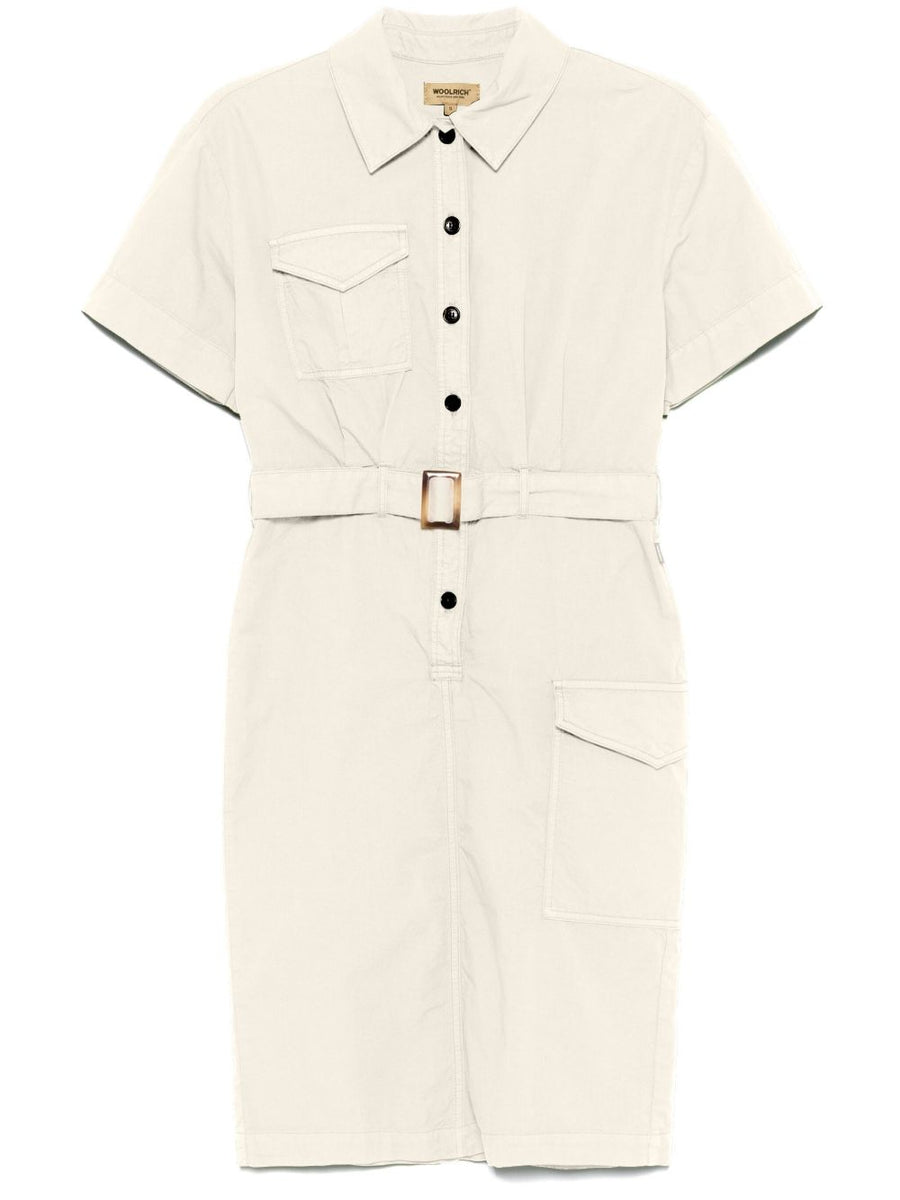 Woolrich Belted Shirt Dress For Women Beige Cotton With Detachable Adjustable Waist Belt And Pockets