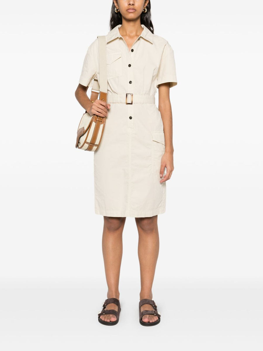 Woolrich Belted Shirt Dress For Women Beige Cotton With Detachable Adjustable Waist Belt And Pockets