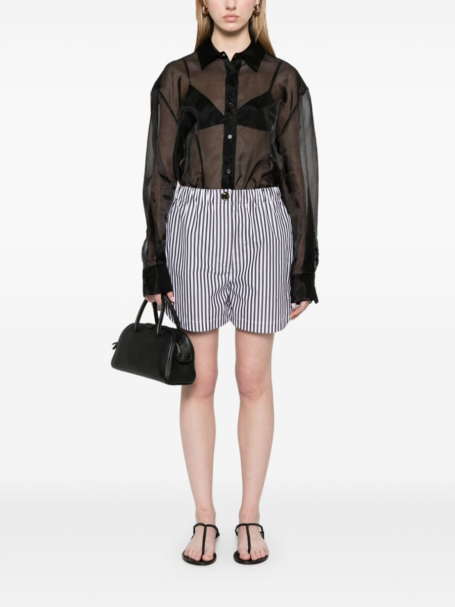 Sportmax Striped Cotton Shorts Black With Elastic Waistband Front Zip For Women Lightweight