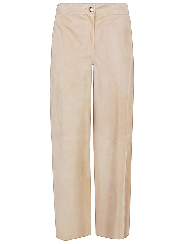 Via Masini 80 Suede Leather Trousers For Women With Straight Leg Beige Zip And Button Closure